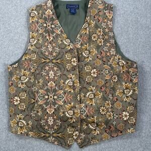 Charter Club Western Vest Button Up Women's 14 Green/Brown 2000s V-Neck Grunge